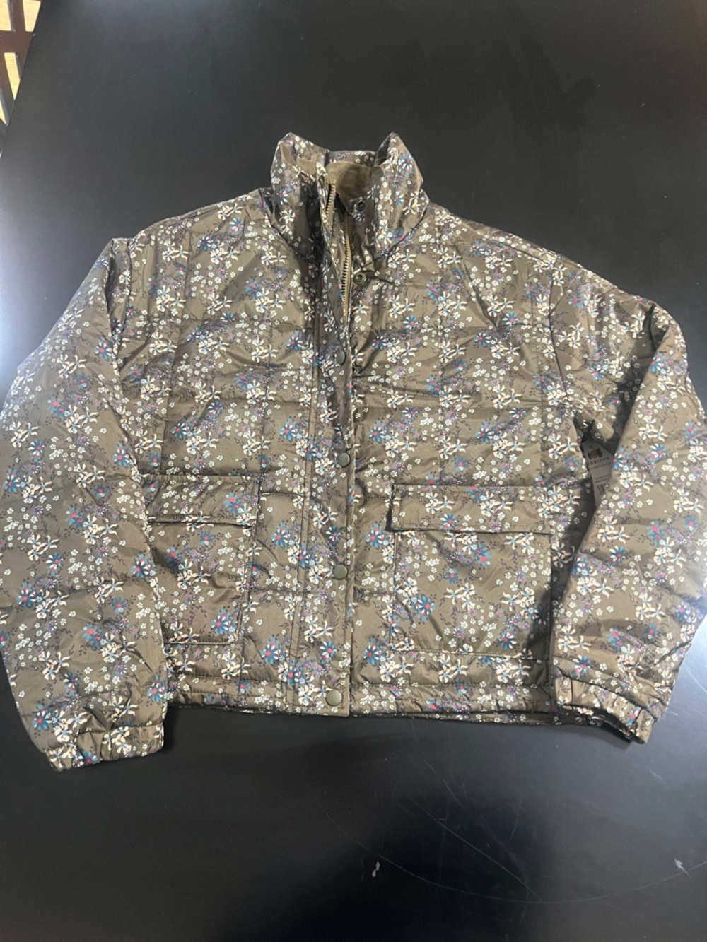Womens Floral Print Puffer Jacket - Olive